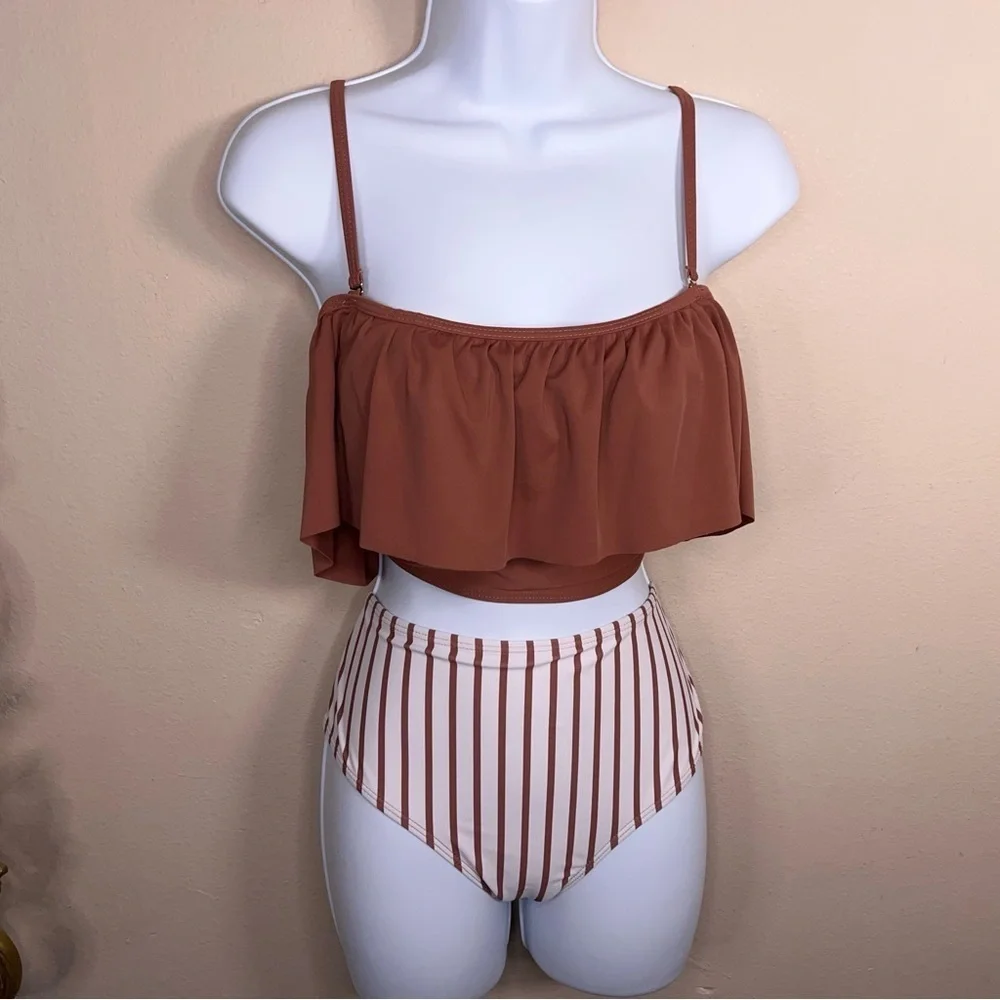 Large Tan Brown White Two Piece Swimsuit Womens Ruffle Top High Waist Striped